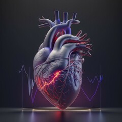 Wall Mural - Cardiac surgery, human heart with cells and arteries, heart attack, assessment by a doctor, electrocardiogram, heart disease, artificial heart Ai generated