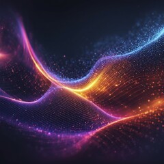 Wall Mural - Vibrant abstract artwork featuring glowing purple, orange, and blue light waves set against a dark background, Fire Particles, AI generated