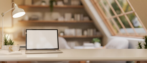 Canvas Print - a white tabletop features a laptop and decorative items in a cozy contemporary room.