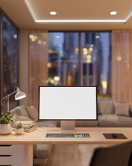 Wall Mural - A computer desk in a contemporary luxurious living room features a computer with a white screen.