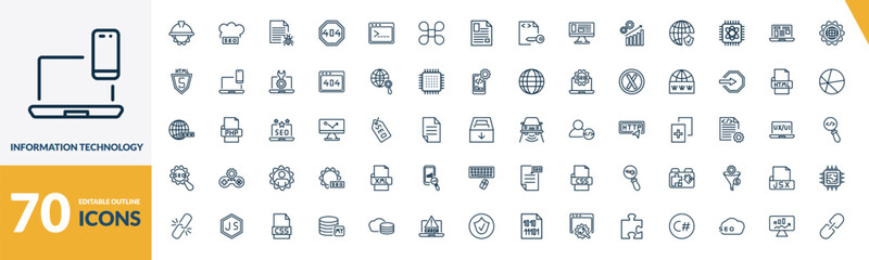 outline information technology icons set. editable linear seo cloud, bug report, error 404, and other 67 icons in this category isolated on transparent background.