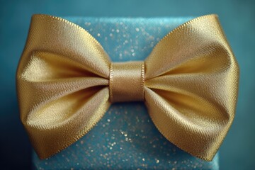 Wall Mural - A stylish gold bow tie placed on a blue gift box, perfect for special occasions or as a decorative item