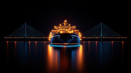 Poster - 3D hologram of large cargo ship illuminated with vibrant lights, passing under modern bridge at night, creating stunning visual effect