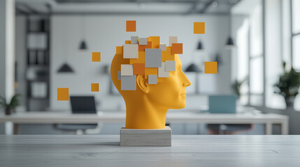 Aufkleber - 3D yellow head sculpture with floating geometric shapes, symbolizing creativity and ideas, in modern office setting