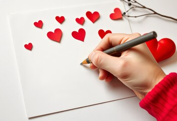 Wall Mural - Hand writing on a blank white card with red heart decorations