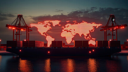 Poster - stunning aerial view of cargo ship illuminated by sunset, featuring digital world map in red lights. scene captures essence of global trade and maritime logistics