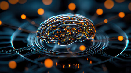 Fototapete - close up of translucent digital brain with intricate neural connections and glowing orange nodes, symbolizing advanced technology and artificial intelligence