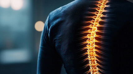 Poster - close up X ray image of person back showing spine, highlighting its structure and alignment. glowing effect emphasizes spine importance in human body