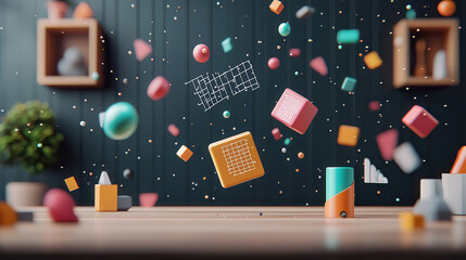 Fototapete - creative digital art piece showcasing 3D representation of colorful geometric shapes floating in modern setting, evoking sense of wonder and imagination