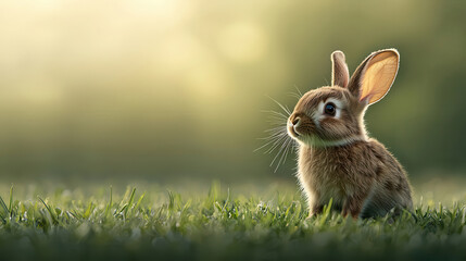 Poster - cute fluffy bunny sitting on fresh green grass, enjoying serene environment. soft sunlight creates warm atmosphere, highlighting bunny features