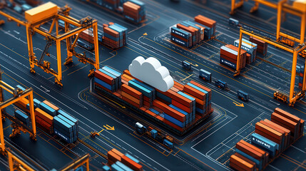 Aufkleber - detailed aerial view of vibrant container port with colorful shipping containers, cranes, and cloud symbolizing digital logistics