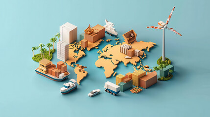 Poster - digital illustration depicting various export commodities world map, showcasing shipping containers, vehicles, and renewable energy elements. This vibrant design highlights global trade and