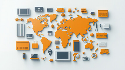 Poster - digital illustration showing world map with various export commodities represented in orange. design includes icons of technology, transportation, and trade elements, conveying global commerce