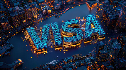 Poster - Futuristic text built from electric circuits, glowing in cityscape at night. vibrant blue lights reflect on water, creating modern and technological atmosphere