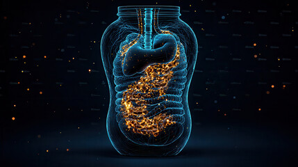 Leinwandbilder - high resolution hologram of X ray showing stomach and digestive system, illustrating intricate details and glowing elements, perfect for educational and medical purposes