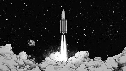 Wall Mural - A grayscale line drawing of a rocket launching into space, surrounded by stars and clouds.