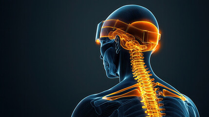 Poster - High resolution X ray scan of human shoulder joint and spine, showcasing intricate details of skeletal structure and nervous system. glowing effect highlights key areas