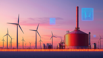 Aufkleber - high tech energy plant featuring massive cylindrical red structure, surrounded by wind turbines under colorful sunset. scene conveys innovation and sustainability