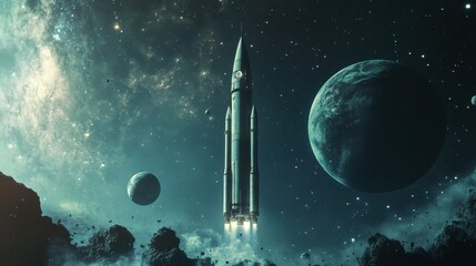 Wall Mural - Retro Rocket Launch in Space with Planets and Stars