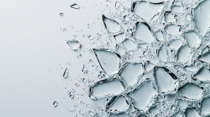 Poster - Shattered glass pieces scattered on smooth surface, creating abstract pattern. light reflects off glass, enhancing its sharp edges and transparency