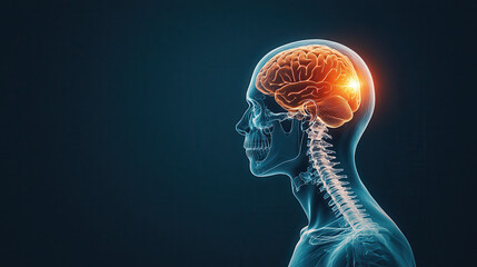 Poster - X ray image of human skull and brain, showcasing detailed anatomy and neural activity. glowing brain highlights areas of interest, emphasizing complexity of human body