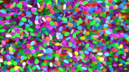 Wall Mural - Focus on a dramatic slow-motion sequence of the double burst of colorful confetti particles, zooming in on the intricate details of each particle as it glitters.