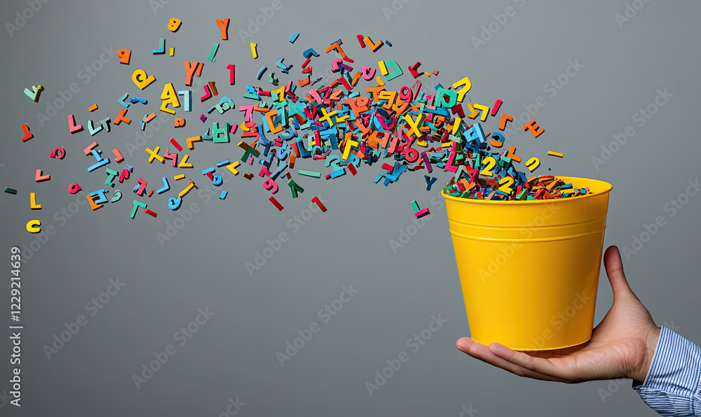 Colorful Plastic Letters Spilling from Yellow Bucket Stock Illustration ...