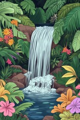 Sticker - Tropical Waterfall Paradise: Lush Jungle Scene . Children coloring page