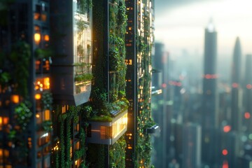 Sticker - Urban skyscraper with lush plants climbing its exterior walls, suitable for cityscape or architecture themes