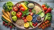 © udomsak - A close-up shot of a plate with various foods such as fruits, vegetables and grains arranged in a colorful composition , kitchen table, colorful arrangement