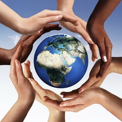 Wall Mural - Conceptual peace and cultural diversity symbol of multiracial hands making a circle together around the world the Earth globe on blue sky background