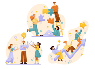 Aufkleber - Teamwork Composition with Man and Woman Employee Collaboration Vector Set