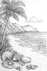 Canvas Print - Coastal Paradise: Tropical Beach Scene Drawing . Children coloring page