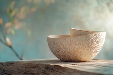 Wall Mural - A simple white bowl placed on a rustic wooden table, great for everyday use or as a decorative piece