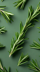 Wall Mural - Fresh rosemary sprigs arranged on green background for culinary and herbal concept