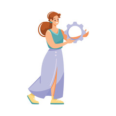 Aufkleber - Woman Team Member Character Hold Cogwheel Vector Illustration