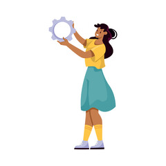 Aufkleber - Woman Team Member Character Hold Cogwheel Vector Illustration