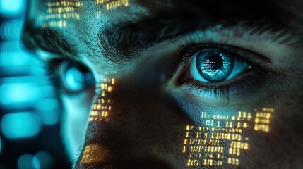 Close-up of a programmer's face with multiple screens reflecting code, intense work environment  