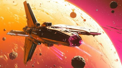 Wall Mural - futuristic space station orbiting a glowing planet, surrounded by asteroids and distant stars