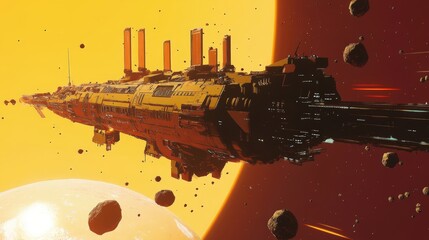 Wall Mural - futuristic space station orbiting a glowing planet, surrounded by asteroids and distant stars