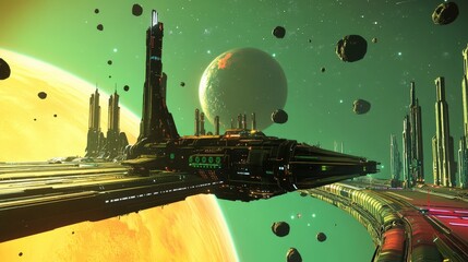 Wall Mural - futuristic space station orbiting a glowing planet, surrounded by asteroids and distant stars