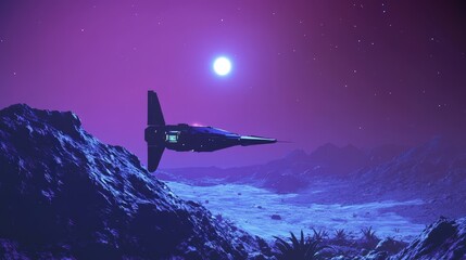 Wall Mural - futuristic spacecraft gliding through a starry expanse, heading toward an unknown planet glowing fai