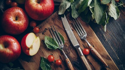 Fresh red apples with leaves on a rustic wooden surface