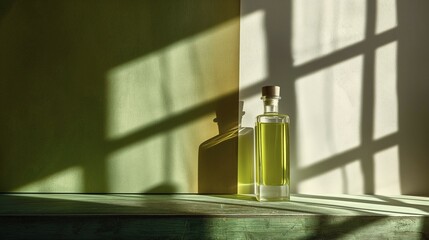 Wall Mural - Green glass bottle casting a shadow against a wall with geometric light patterns and a tranquil atmosphere, AI generated