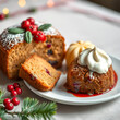 © Pam - Festive fruitcake and pudding displayed on a white plate with space for text.