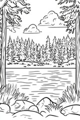 Canvas Print - Serene Forest Lakeside Scene . Children coloring page