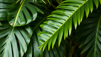 Wall Mural - Monstera and palm leaves jungle texture