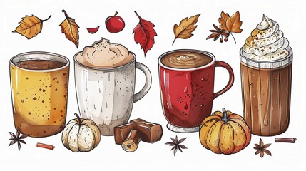 Wall Mural - Illustration of different coffee cups garnished with autumn flavors and decorations like leaves, pumpkins and candy, AI generated