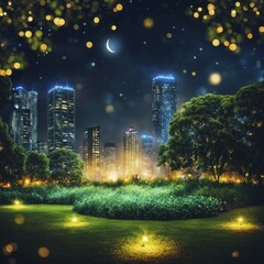 Wall Mural - Nighttime cityscape with illuminated skyscrapers and a serene park with glowing lights, under a starry sky with a crescent moon, AI generated