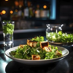 Wall Mural - Savory tofu and greens salad showcased on a polished bar counter in neon lights, AI generated